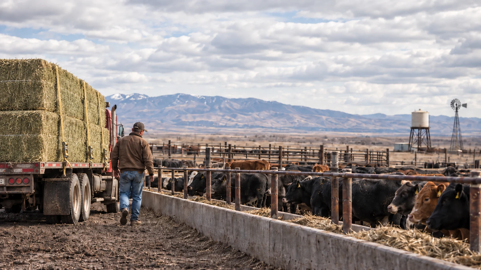 Rancher walking beside an open flatbed hay truck and cattle pens.